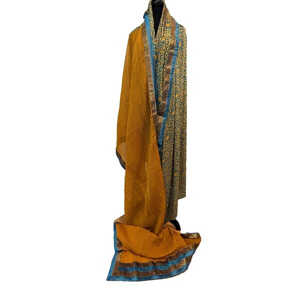 Orange Saree with Royal Blue Accents & Gold Embroidery | Festive Indian Wear - Picture 1 of 8